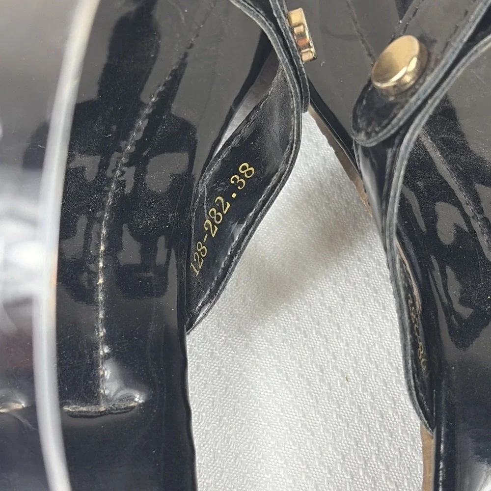 TORY BURCH MILLER SANDAL FLIP FLOP PATENT LEATHER BLACK SIZE 38  Gold‎ T Medal